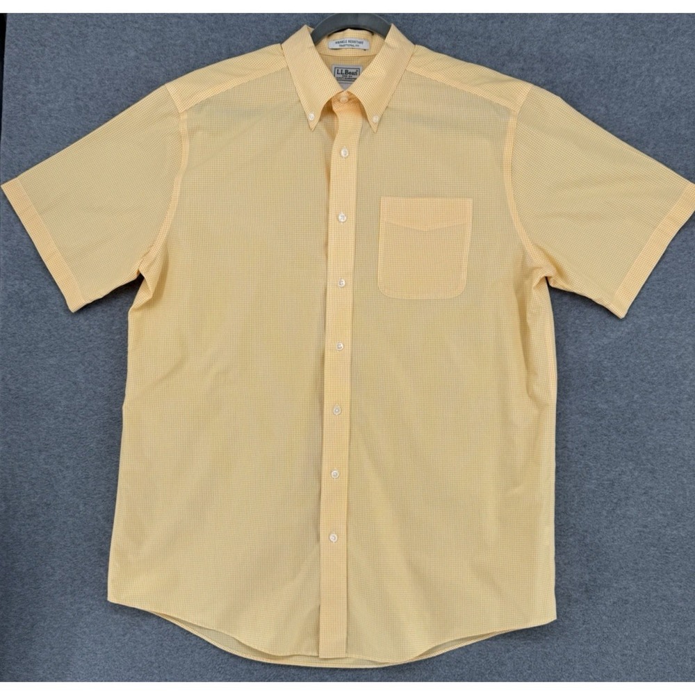 L.L. Bean Wrinkle Resistant Yellow Gingham Short Sleeve Button Down Shirt Men's